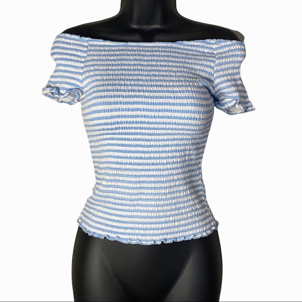 Xtraordinary Blue White Striped Ribbed Blouse Top